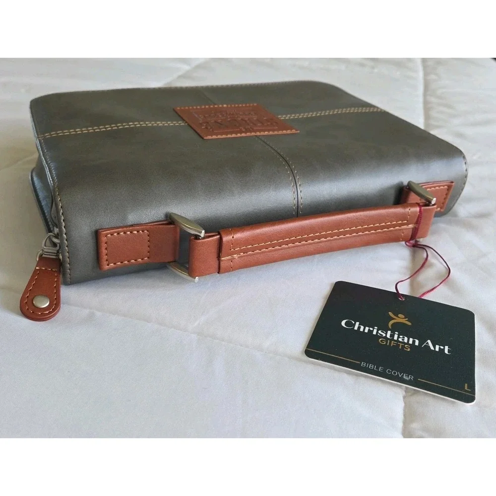 Men's Bible Cover - Be Strong and Courageous, Gray Faux Leather